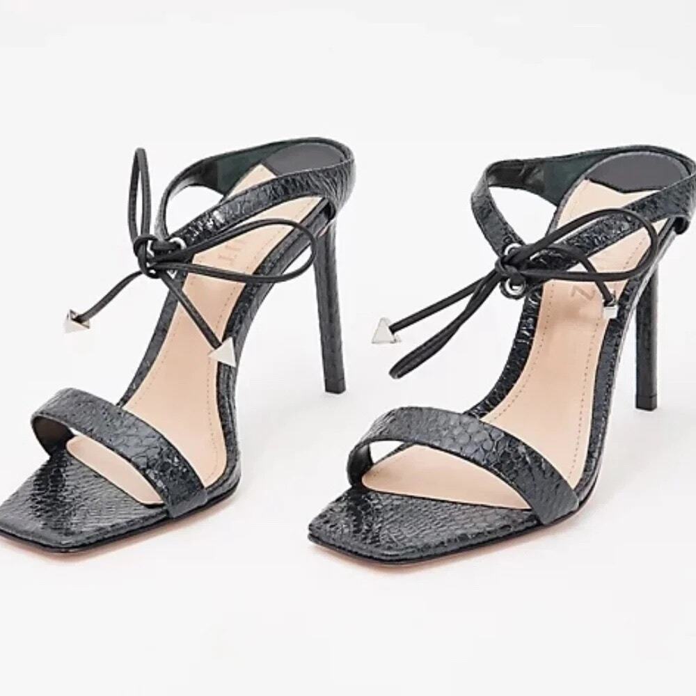 Schutz Mavis Leather Heeled Mule Sandals Black Snake Shine Size 8.5